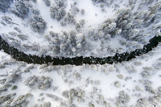 Aerial view of a snow covered winter landscape at dawn