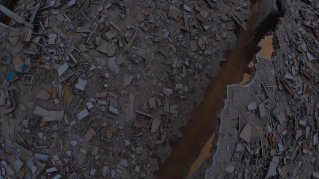 Aerial view shows rubble and debris. Collapsed ruin reveal severe damage and destruction. Mud filled channels and brown river cut through site. Aftermath of natural disaster visible across landscape.