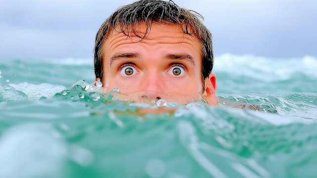 Man with wide eyes emerges from turbulent ocean waves, showcasing a moment of surprise and urgency, as the camera captures a dynamic zoom in on his expression and the surrounding water