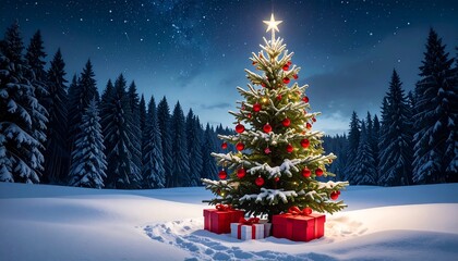 Illuminated Christmas tree with ornaments, gifts in a snowy landscape