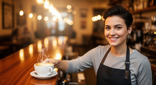 A smiling barista presents a steaming cup of coffee in a warm cafe setting, showcasing a friendly atmosphere and inviting ambiance.