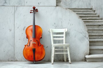 Cello Leaning Against Marble Wall Next to White Chair and Stairs Classical Musical Instrument for Concerts and Performances