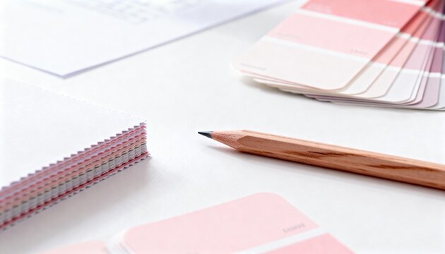 Creative design concept with pink color palette swatches and a pencil on a white workspace. Interior design or branding color selection process