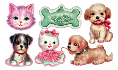 Vintage style animal stickers featuring cats and dogs with playful designs