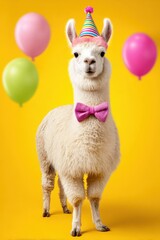 Obraz premium Smiling llama wearing a colorful party hat and pink bow tie for celebration