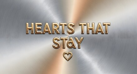 A metallic background with the phrase 'HEARTS THAT STAY' in bold, three-dimensional letters and a small heart symbol beneath, creating a modern and inspiring visual message