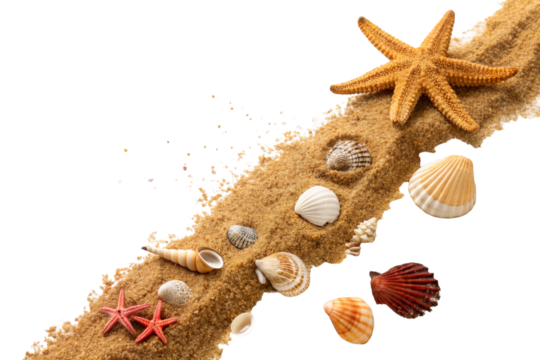Assortment of Seashells and Starfish in Sand