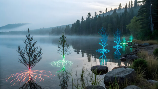 Magical forest waterfall with glowing blue water - Powered by Adobe