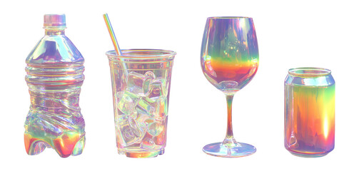 Colorful Transparent Drinkware Set with Iridescent Finish on Isolated Background