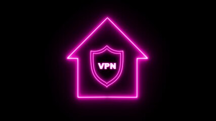 Neon VPN, Virtual private network protocol concept. Glowing neon line animation of VPN icon on virtual screen for connect to VPN network. Cyber security system with shield icon inside home icon - Powered by Adobe