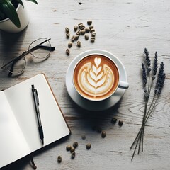 A cozy workspace scene featuring a cup of latte with latte art, an open notebook with a pen, scattered coffee beans, a pair of glasses, and sprigs of lavender on a light wooden surface