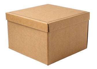 brown cube shaped cardboard box isolated on a transparent background.