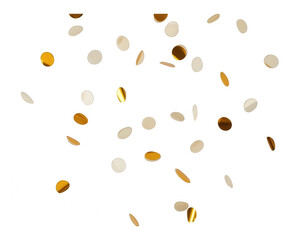 Colorful confetti falling in mid-air with gold, white, and beige pieces creating a festive and celebratory atmosphere for events or celebrations