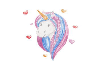 Whimsical watercolor illustration of a unicorn head surrounded by pink hearts. Perfect for kids' designs, fantasy art, stickers, or magical party decor. © Anastasia