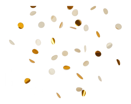 Colorful confetti falling in mid-air with gold, white, and beige pieces creating a festive and celebratory atmosphere for events or celebrations