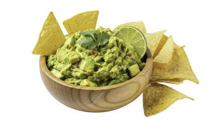 Fresh Guacamole in Wooden Bowl with Tortilla Chips on Golden Background
