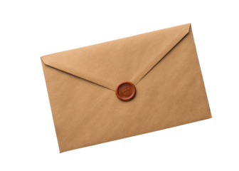 Brown envelope with wax seal closure isolated on a transparent background.