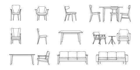 Fototapeta premium CAD Drawings. Modern furniture in section view, including various chairs, sofas, tables, and armchairs. Vector illustration.