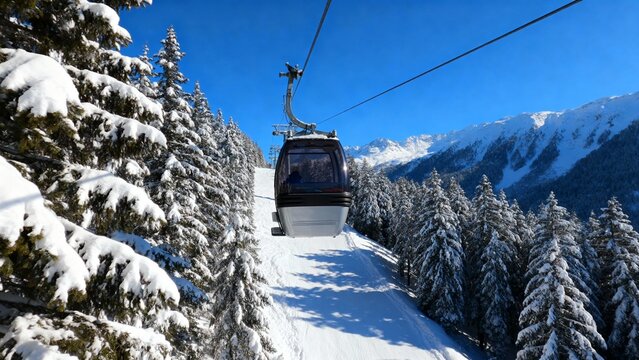 An aerial view of a cable car gliding over a pristine, snow-covered winter landscape. The image captures snow-covered fir trees and majestic mountain slopes under a clear blue sky.