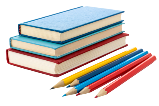 Stack of colorful books with pencils on white