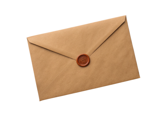 Brown envelope with wax seal closure isolated on a transparent background.