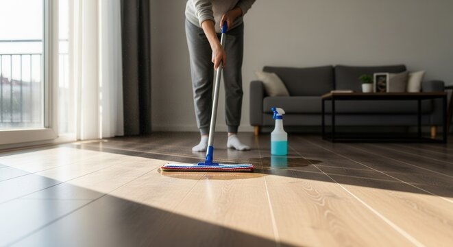 A person mopping the floor in a modern living room, creating a clean and fresh atmosphere. Ideal for cleaning and home improvement themes.