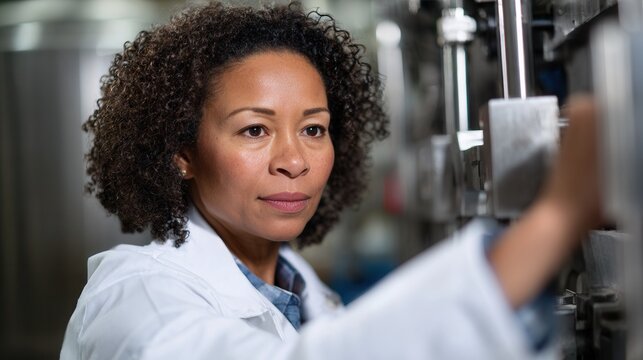 A focused female scientist in a lab coat examines equipment in a laboratory setting, showcasing dedication and professionalism in scientific research.