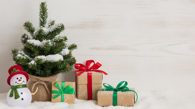 Snowman and Gifts Beside a Small Snowy Christmas Tree presents - Powered by Adobe
