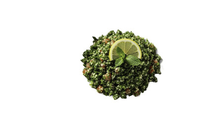 Fresh Lebanese Tabbouleh Salad Garnished Lemon and Mint Leaves in Green
