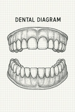 This is a hand-drawn, vintage-style "DENTAL DIAGRAM" illustration featuring the upper (maxillary) and lower (mandibular) dental arches in frontal view. The drawing utilizes cross-hatching and shading 