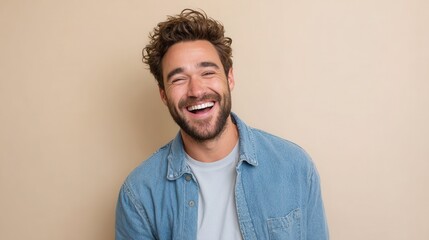 Obraz premium A cheerful young man with curly hair smiles broadly, showcasing happiness and positivity. The neutral background emphasizes his joyful expression.