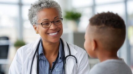 A friendly doctor interacts with a young boy in a modern clinic, creating a warm and welcoming atmosphere for healthcare.
