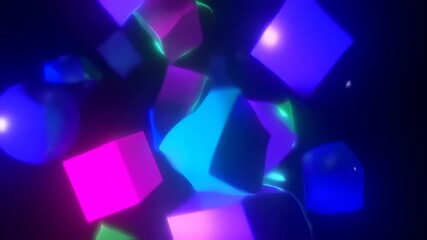 Abstract image of floating, glowing cubes in various neon colors on a dark background - Powered by Adobe