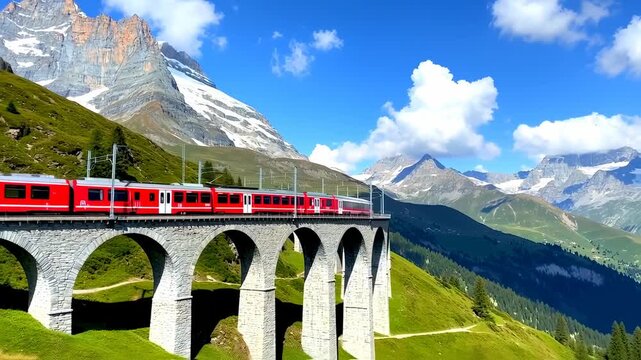 A red train crosses a stone arched bridge, mountains in the backdrop. Bright blue sky