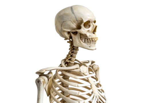 Anatomical human skeleton torso and skull side view