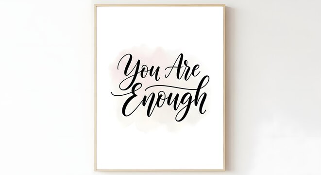 Inspirational wall art with the message 'You Are Enough' in elegant black script on a white background, framed and hanging on a plain wall to motivate positivity and self-love
