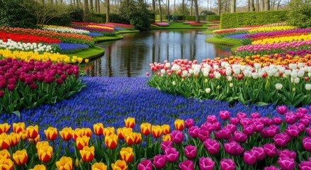 Vibrant Tulip and Hyacinth Garden with Reflecting Pond, Flower, Spring, Bloom