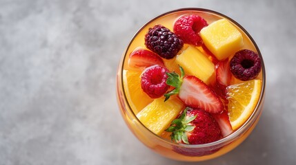 A vibrant glass of fresh fruit salad featuring strawberries, raspberries, mango, and orange slices. Perfect for healthy eating and summer gatherings.