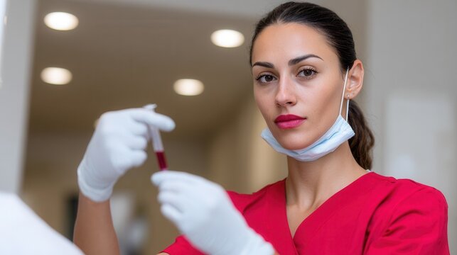 A female healthcare worker in red scrubs examines a blood sample in a clinical setting. The atmosphere is professional and focused on patient care.