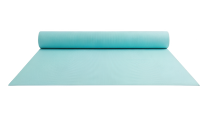 Light blue yoga mat unrolled on white background for fitness, exercise, and wellness activities with a clean minimalist design and calming color