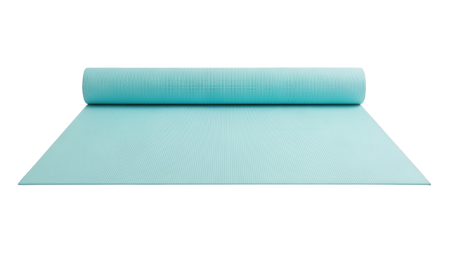 Light blue yoga mat unrolled on white background for fitness, exercise, and wellness activities with a clean minimalist design and calming color