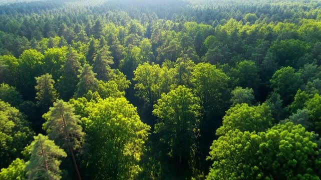 Aerial view of a dense green forest canopy on a sunny day