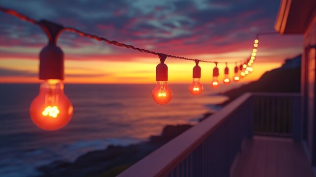 String lights over ocean at sunset