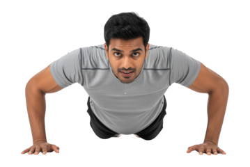 Young man performing push-up exercise in casual workout attire on bright clean floor with active and determined expression, fitness training, health