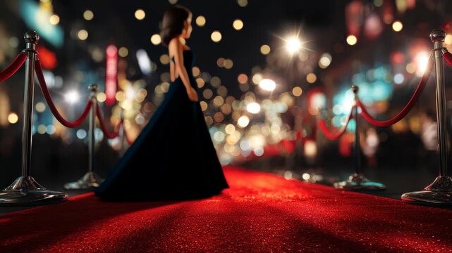 Glamorous red carpet rolls out in front of a lively movie premiere event at night filled with bright lights and excitement