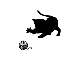 Silhouette of a Cat playing with a Woolen knitted ball. Flat vector illustration design isolated on white background.