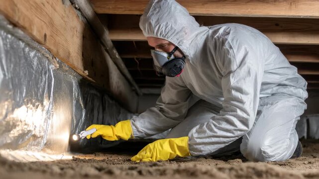 Worker in protective gear seals crawl space to prevent pests and ensure a safe environment for homeowners during pest control operations