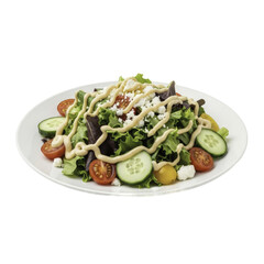 Fresh Salad Plate with Dressing and Vegetables on White Background