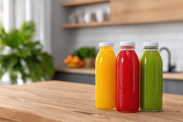 Three vibrant bottles of juice in yellow, red, and green on a wooden kitchen counter, surrounded by a bright and fresh atmosphere.