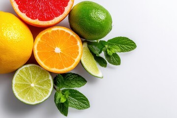 A vibrant arrangement of fresh citrus fruits including grapefruit, lemon, lime, and orange, complemented by mint leaves, ideal for healthy recipes.